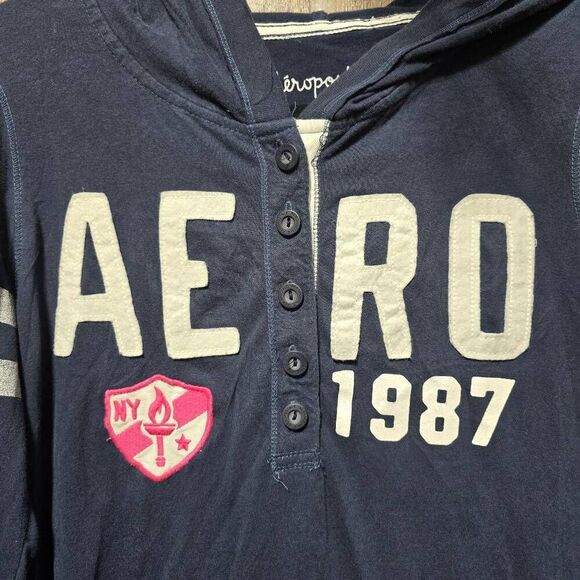 Aeropostale Vintage Y2K Navy Hooded Patch Tee - Picture 2 of 4